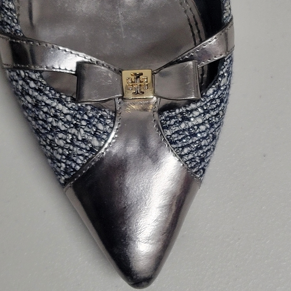 Tory Burch Tweed Metallic Bow Detail Pointy Toe Sling Back Heels. - Picture 11 of 16